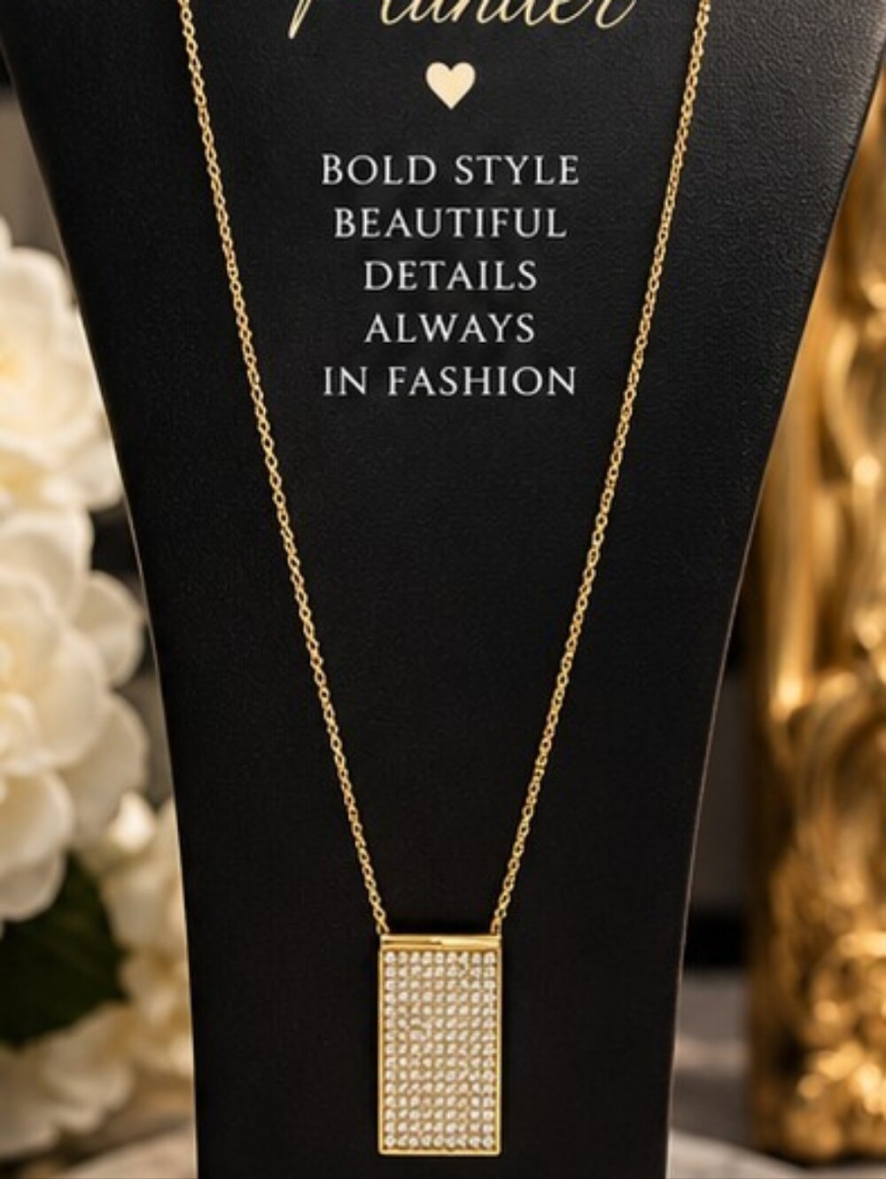 NOS Plunder Gold Tone Pave Crystal Rectangle Pendant Long Necklace